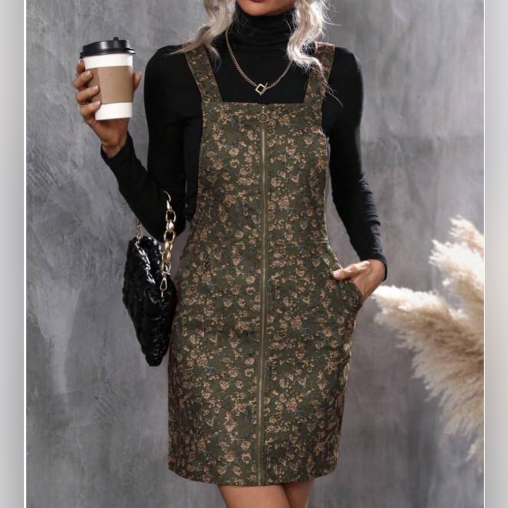 Floral Print Zip Up Corduroy Overall Dress